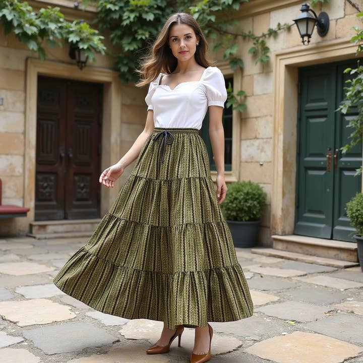 Tiered Skirt - Boho Gypsy Skirt - Green Botanical Stripe for wholesale by The Indian Bazaar