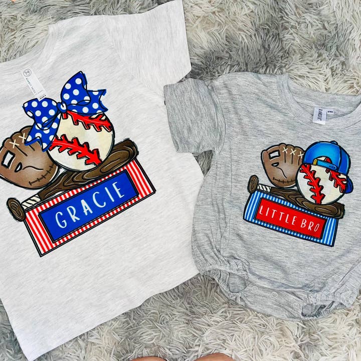 Baseball Sibling Bubble Romper or Tee Shirt for wholesale by Davis Designs