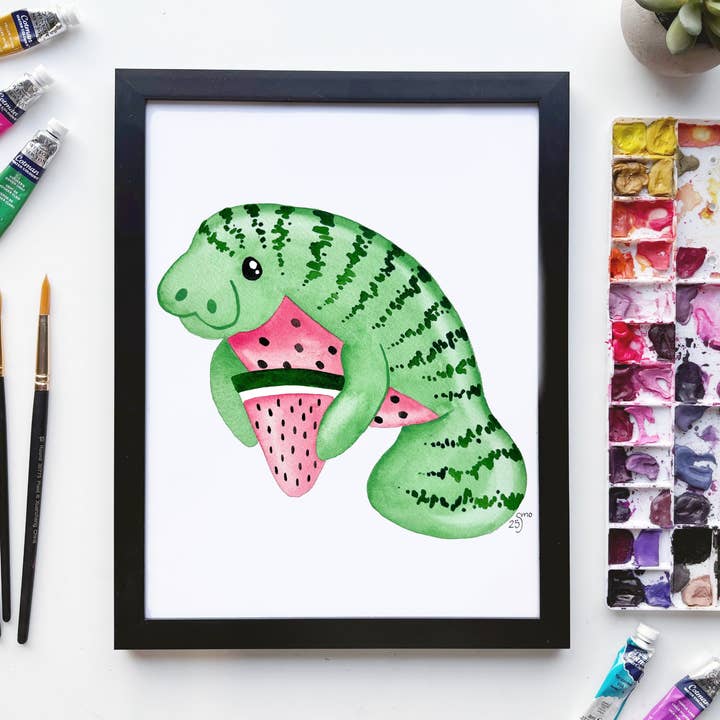Impression Aquarelle Lamantin Pastèque – Art Marin de Fruits de Floride pour la vente par Owlfeathers Watercolor