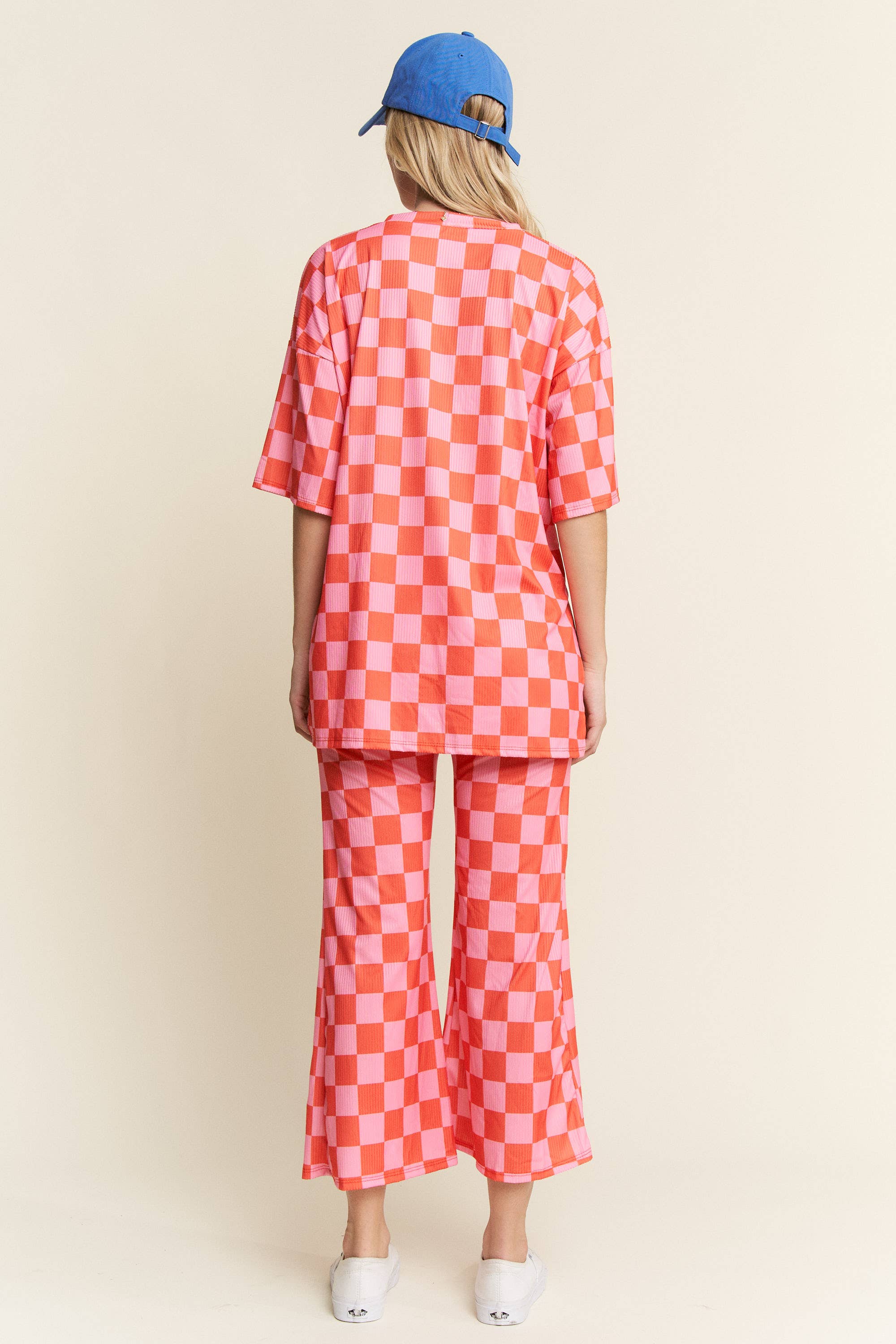 JADE BY JANE - Wholesale Lounge Set - Women's - RIBBED CHECKERED PRINT TOP/STRAIGHT LEG PANTS SET25