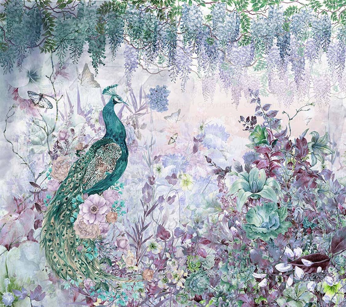 GK Home Decor - Vendita all'ingrosso Carta da parati - Murale di carta da parati con pavone e accenti floreali e glicine2