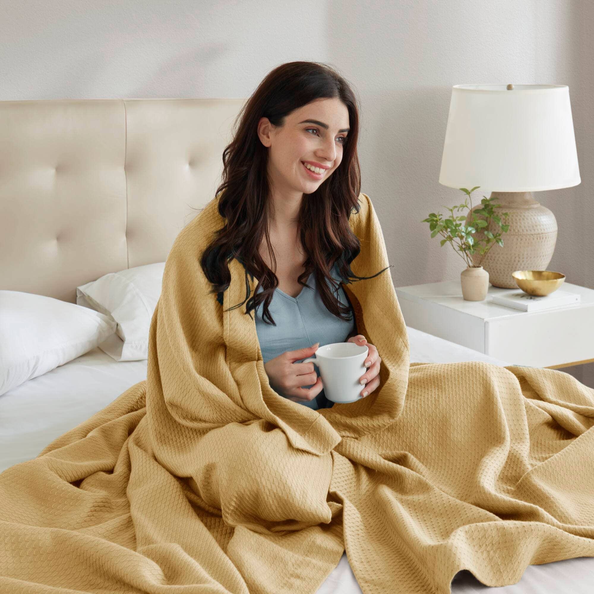 Olliix - Vente Couvre-lit - Couverture en coton égyptien tissé pour toutes saisons, Moutarde3