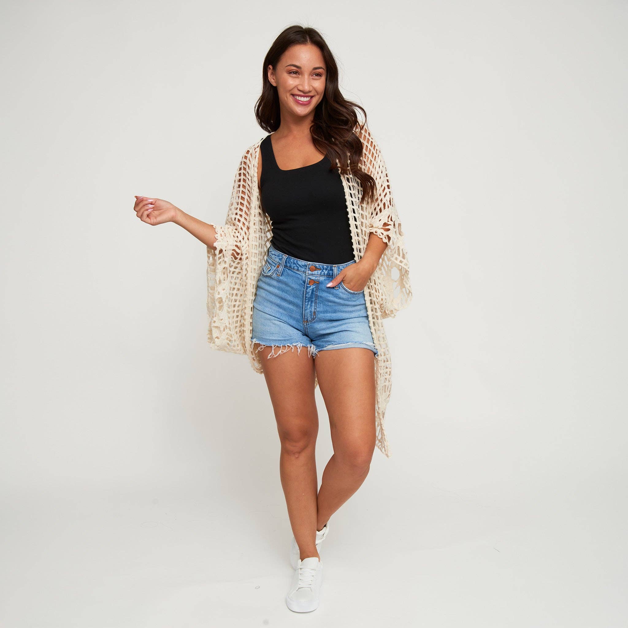 Elsie & Zoey - Venta al por mayor Cárdigan - Mujer - Cárdigan de Punto Iris Abierto Kimono de Crochet de Algodón Cubrir11