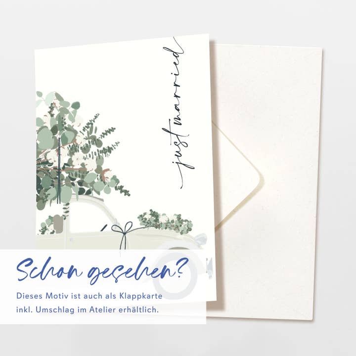 Wildblumen Atelier - Wholesale Wedding Card - Just married car postcard with eucalyptus, FSC certified3