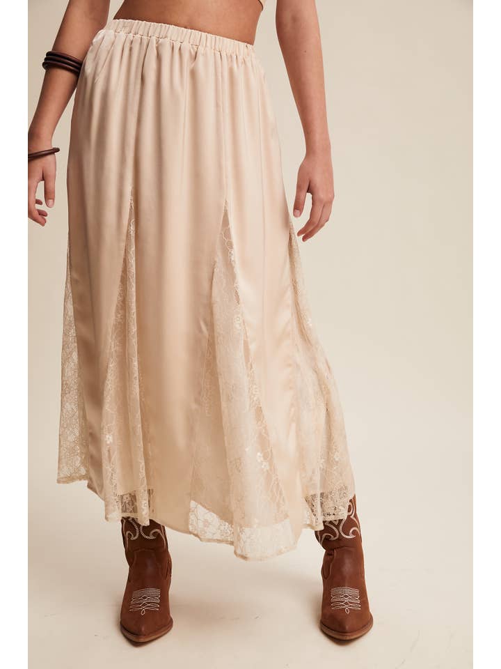 Listicle - Wholesale Skirt - Women's - Lace Inset Satin Midi Skirt LSK02721