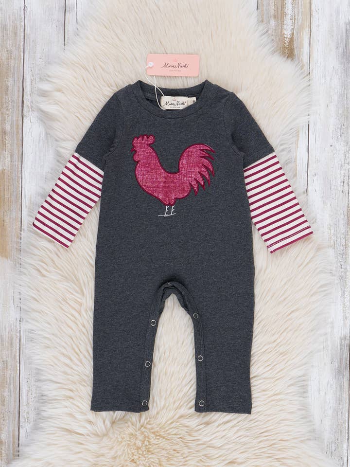 Striped Little Rooster Romper for wholesale by Marie Nicole Clothing