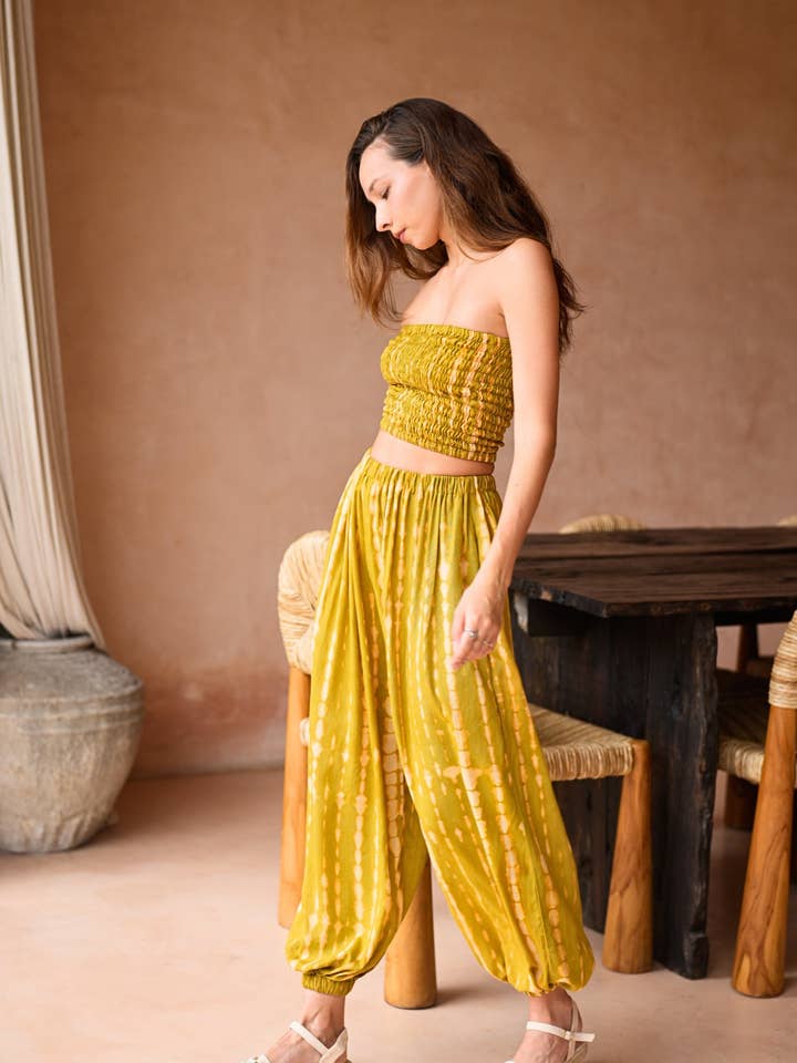 Jane Balloon Pants With Matching Tube Top Set in Lemongrass for wholesale by Pink Haley