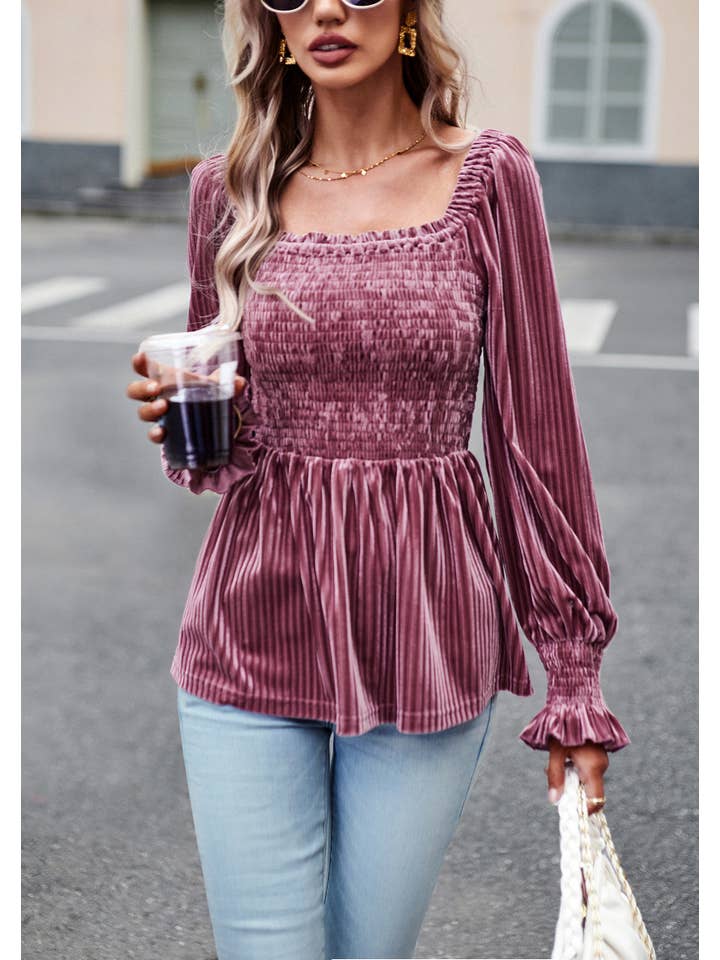 ePretty - Wholesale Blouse - Women's - Velvet Smocked Ribbed Square Neck Peplum Blouse SZ25-TP320323