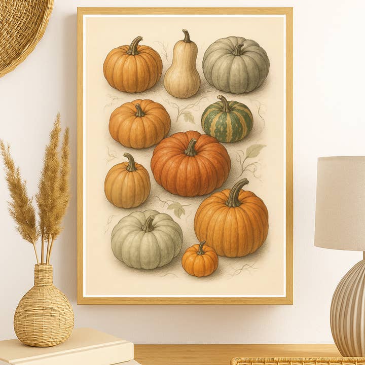 Vintage Pumpkin Harvest Wall Art – Rustic Autumn Gourds Print for wholesale by WinsterCreations™