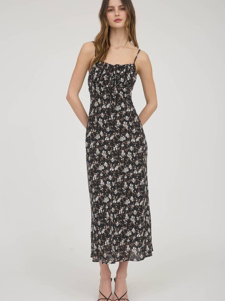 FLORAL SPAGHETTI STRAP FRONT TIE MIDI DRESS for wholesale by The Workshop Studio