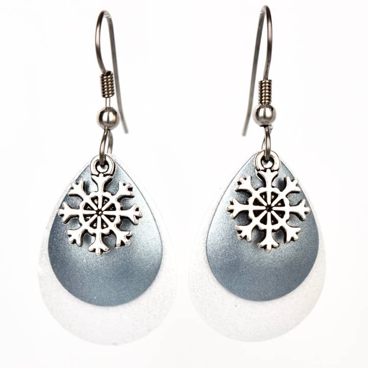 Light Blue White Snowflake Earrings Ski Winter Jewelry USA for wholesale by Eye Catching Jewelry