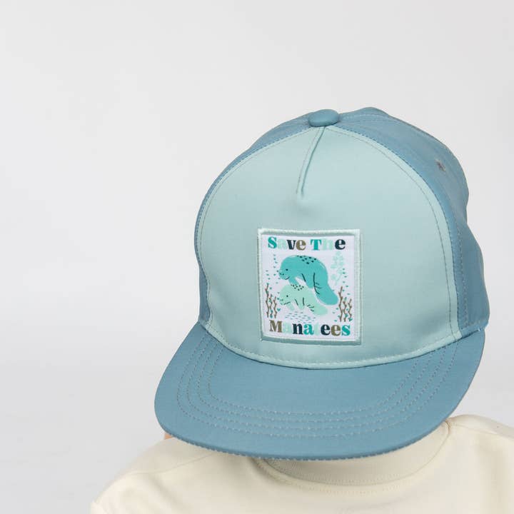 Blue Multi Save the Manatees Ocean Conservation Kids Snapback Hat for wholesale on Faire1