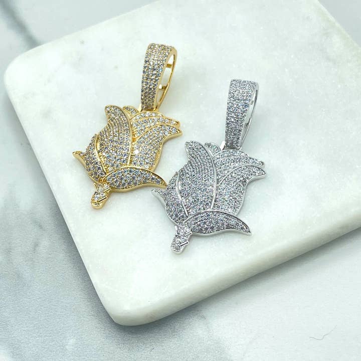 DIJU Jewelry - Wholesale Individual Charm/Pendant - 18k Gold Filled or Silver Filled Micro Pave Flower Tulip Shape Pendant Only, with Large Bail, Wholesale Jewelry Making Supplies7