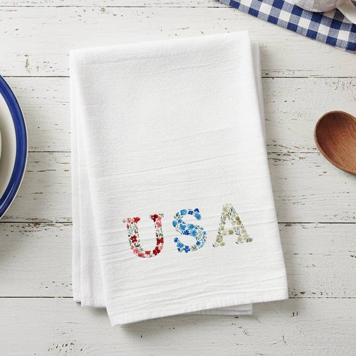 USA Bokstäver Americanna Blommig Akvarell - Bomull Kökshandduk för wholesale av Heritage 76