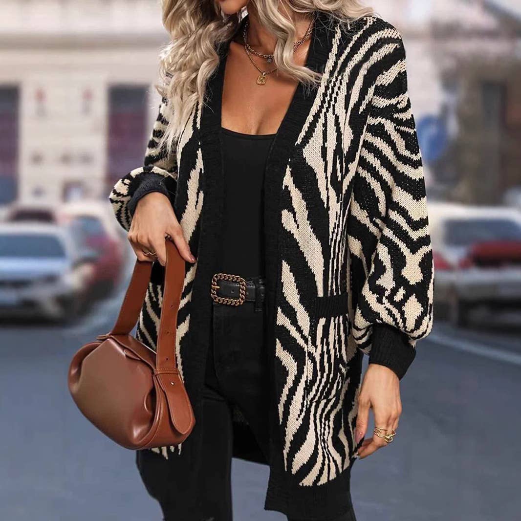 BLACK V-neck zebra print long unbuttoned cardigan for wholesale on Faire1