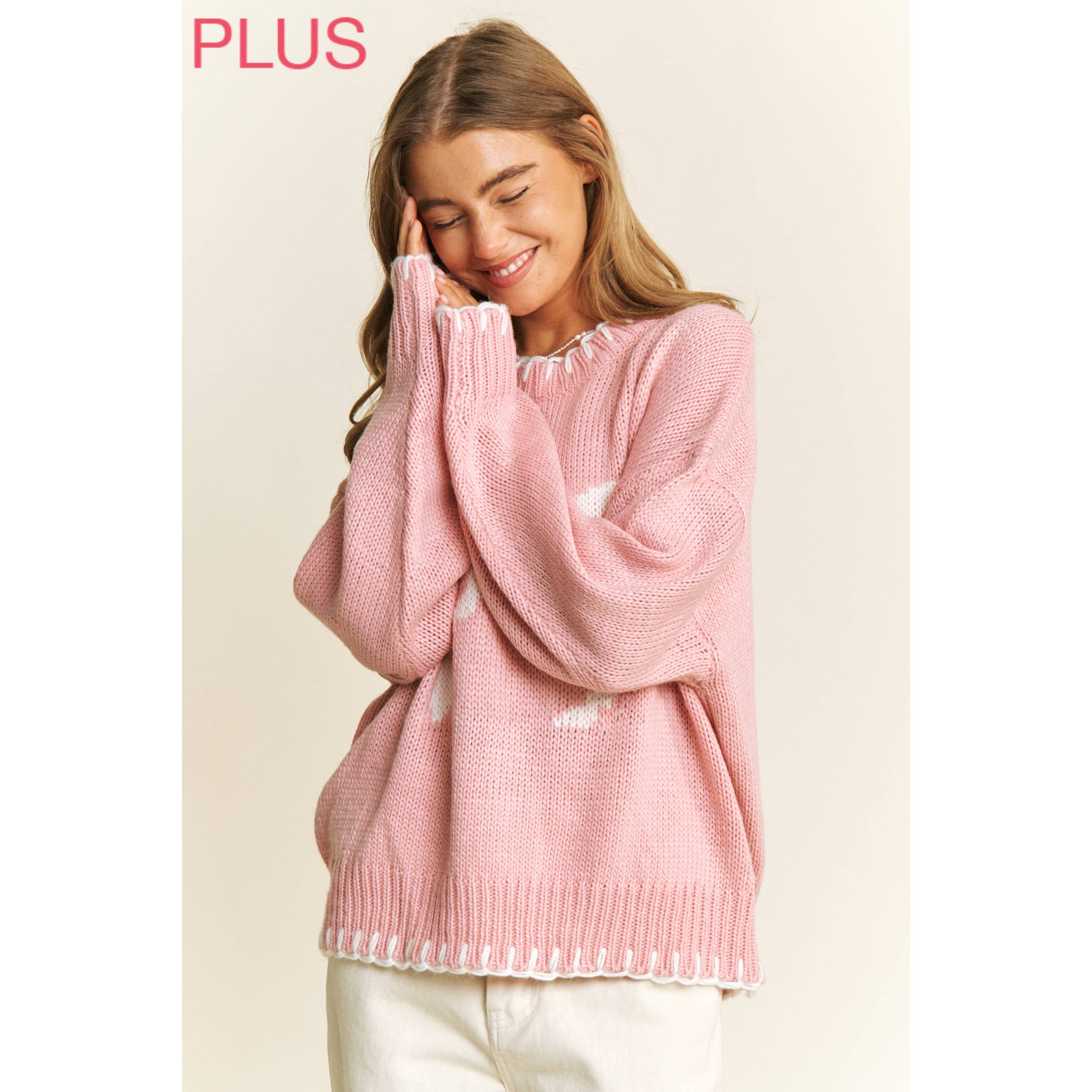 Sweet Generis – wholesale Knitted jumper – Women′s – PLUS HOLIDAY BIG BOW SWEATER PULLOVER WITH CONTRAST EDGE STI20