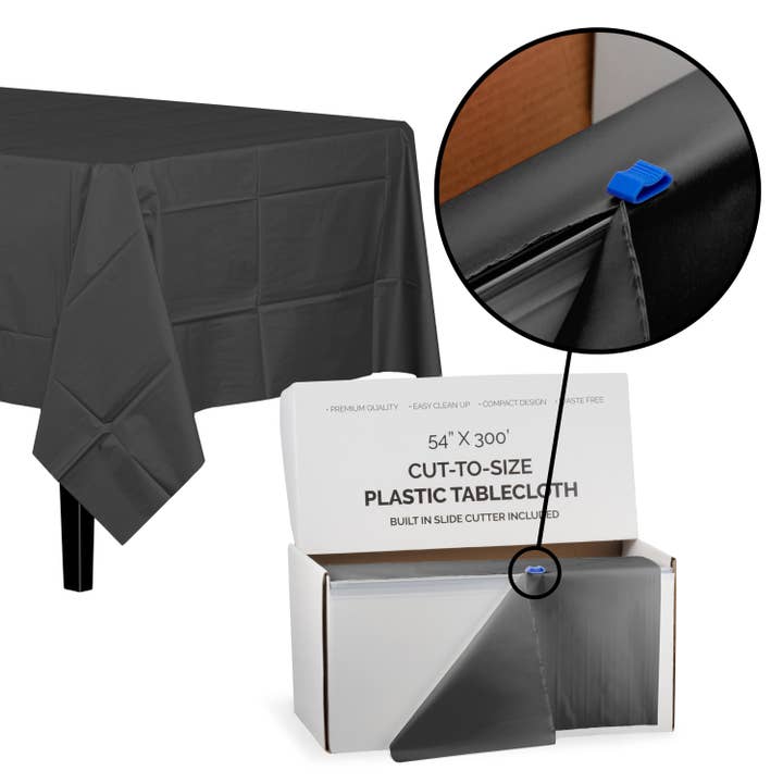 54 In. X 300 Ft. Cut-To-Size Plastic Table Cover - Black for wholesale by Crown Display