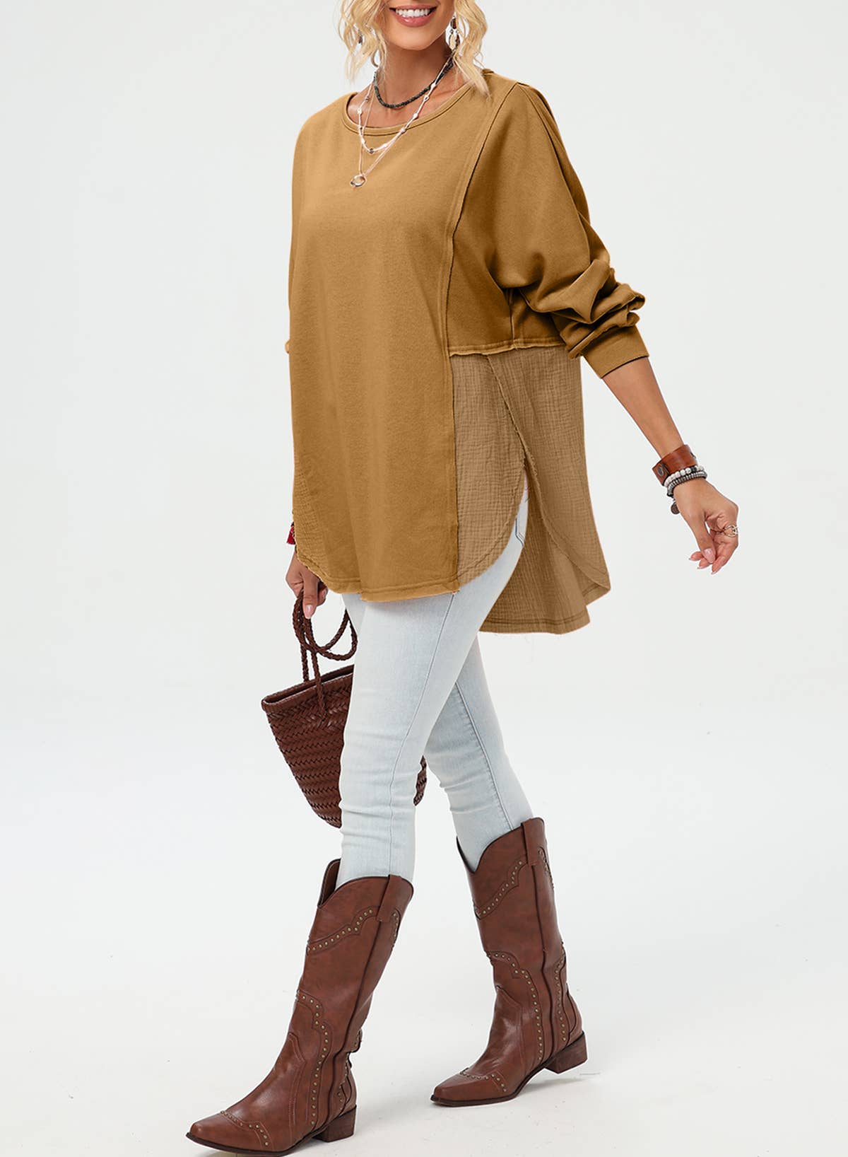 Lovesoft - Wholesale Tunic - Women's - Crinkle Splicing Raw Hem High Low Oversized Blouse18