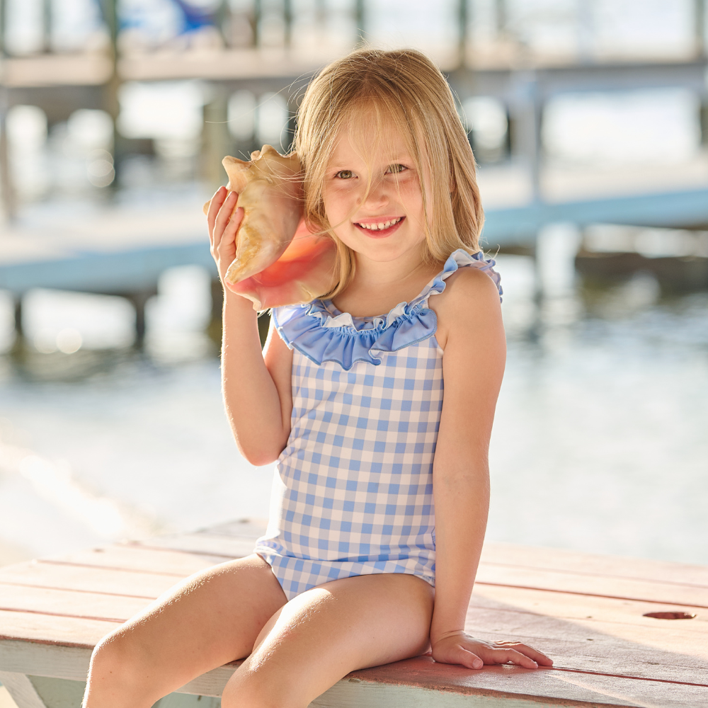 Sugar Bee Clothing - Vente Maillot de bain une pièce – enfant - Maillot de bain fille - Dos noué - Vichy bleu2