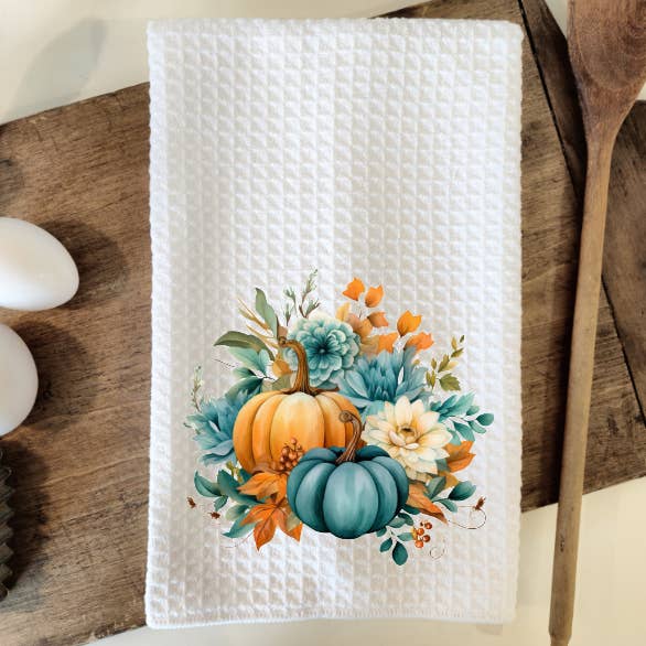 Fall Teal Pumpkins Waffle Weave Dish Towel Tea Towel for wholesale by Prairie Chicken Sticker Shop & Gifts