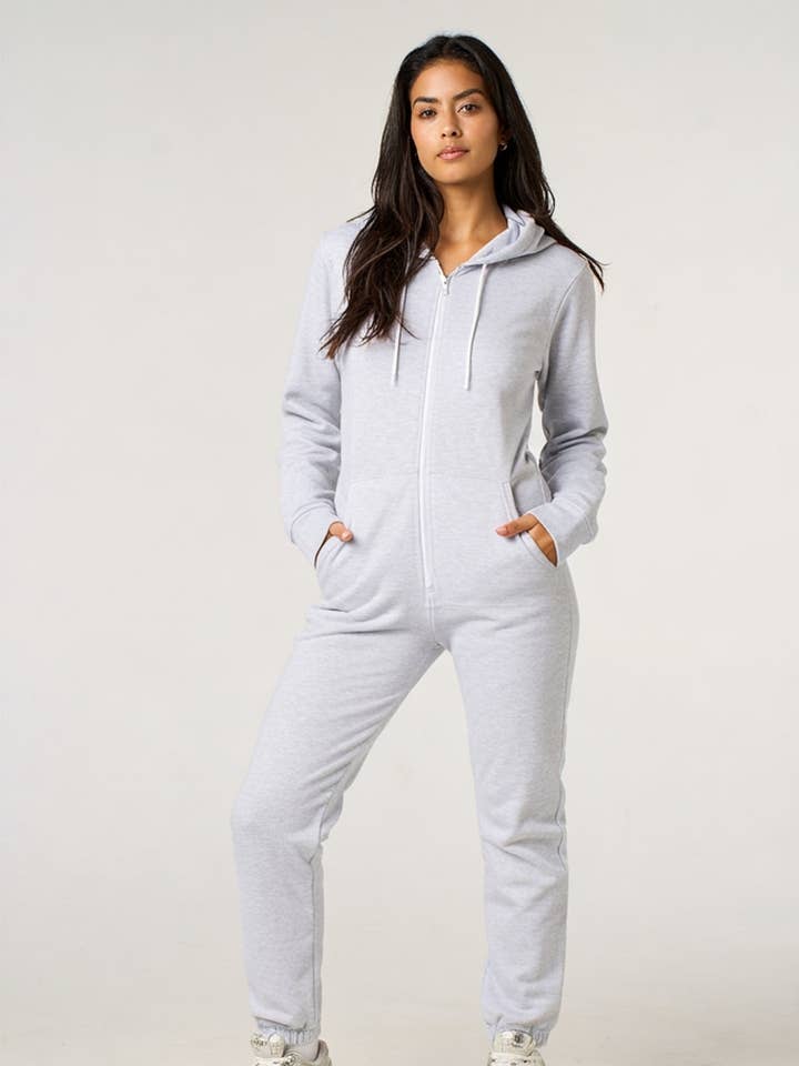 Grey Zip Front Hooded Onesie- Jesrey for wholesale by Femme Luxe