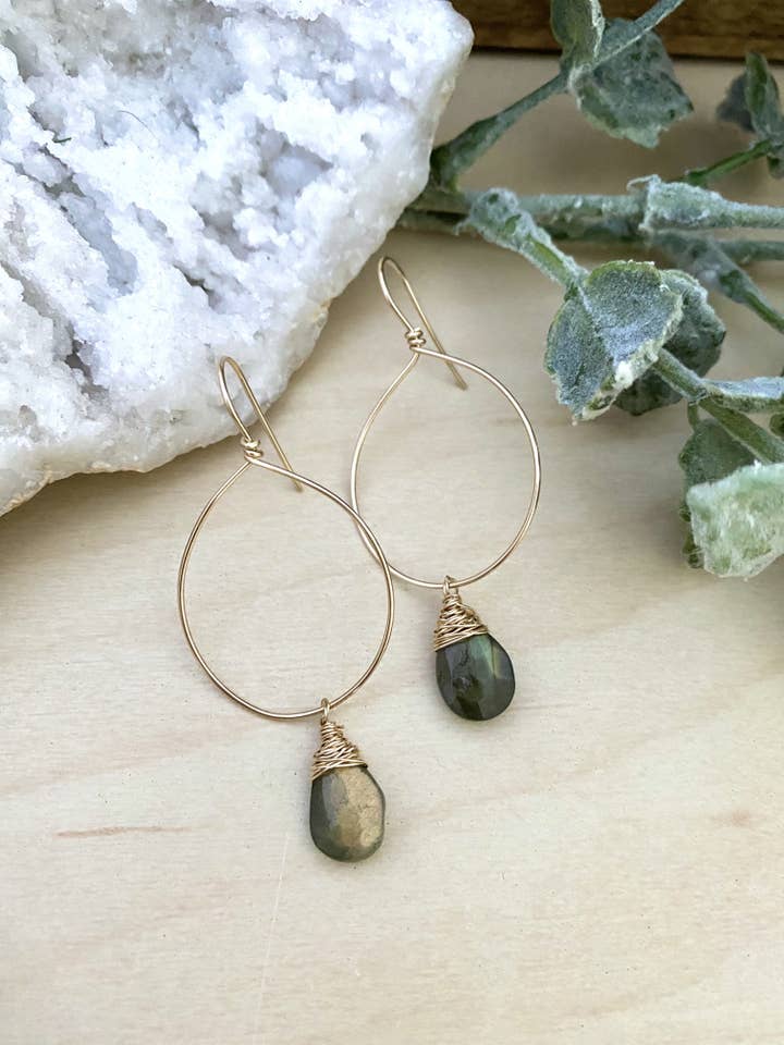 Hoop Earrings with Labradorite Drop - Gold Fill Or Sterling for wholesale by Pyrite and Pearls