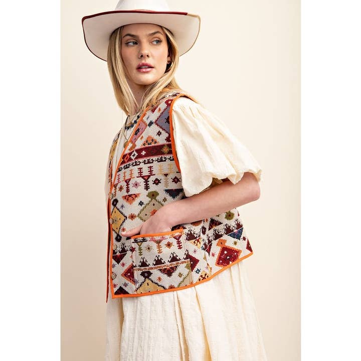 STYLE USA - Wholesale Outerwear Vest - Women's - Geometric Contrast Binding Vest
