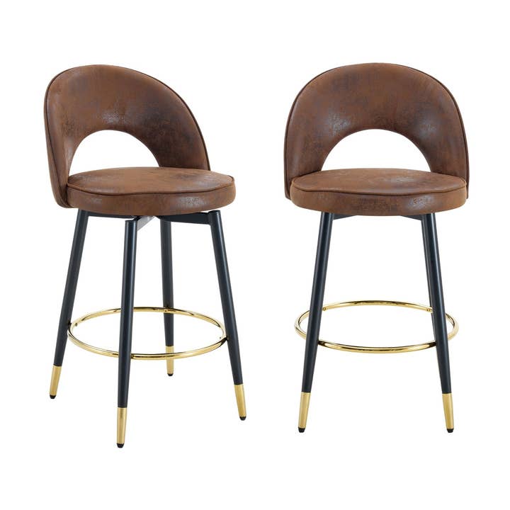 Sæt med 2 brune barstole, der kan dreje 360° i vintage stil med sorte og gyldne ben og fodstøtte HARMONIUS for engroshandel hos Urban Meuble
