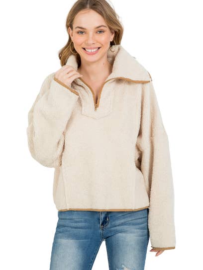 Pull à fermeture éclair sur le devant en fausse peau de mouton olive crème avec manchettes contrastantes - Lot de 6 pour la vente par Apparel Candy