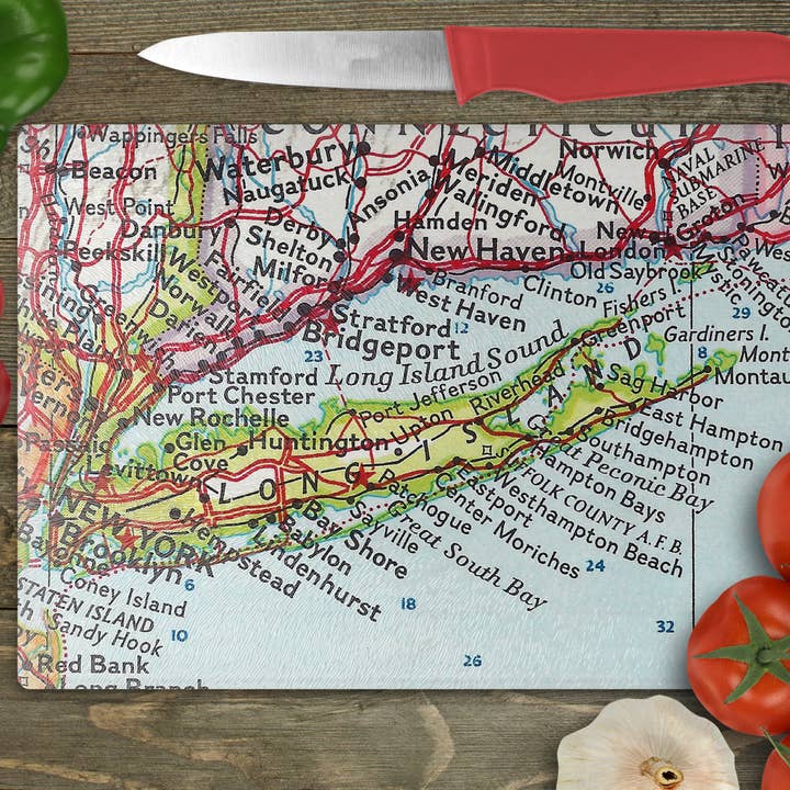 Daisy Mae Designs - Wholesale Cutting Board - Long Island New York Map Glass Cutting Board Cheese Board