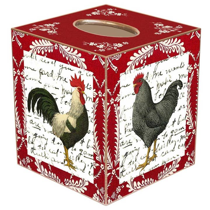 Funda para caja de pañuelos estilo provenzal con diseño de gallos en rojo para venta al por mayor de Marye-Kelley