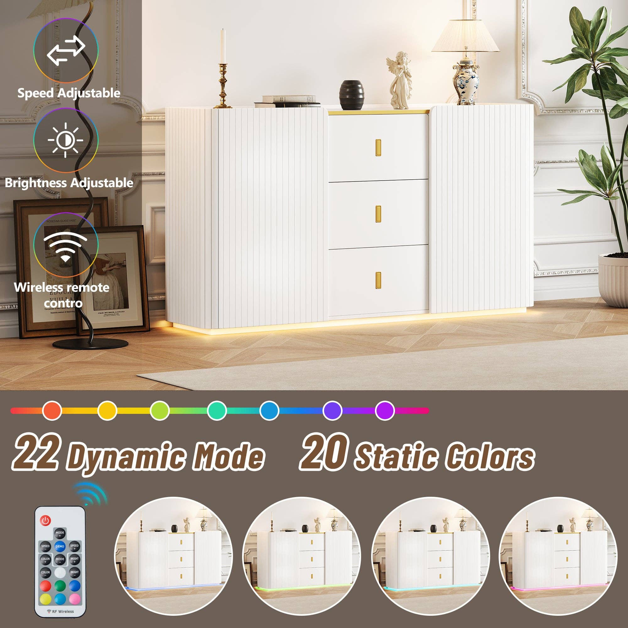 Urban Meuble – Aparador por atacado – Buffet branco elegante 2 portas, 2 gavetas com iluminação LED 150*35*80cm KRAUDREL59