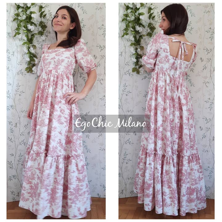 EgoChic Milano - Wholesale Dress - Women's - Cottage/vintage dress, cotton toile de jouy vintage dress, puff sleeves and flounced skirt