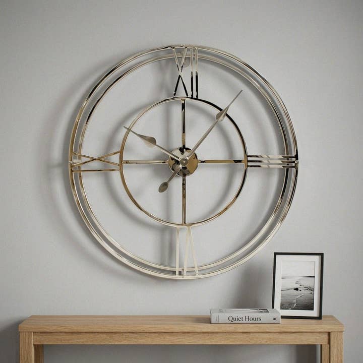 Hoogwaardige wandklok metaal rond zilver gepolijst skeletdesign, H.76 cm voor wholesale door Antikas