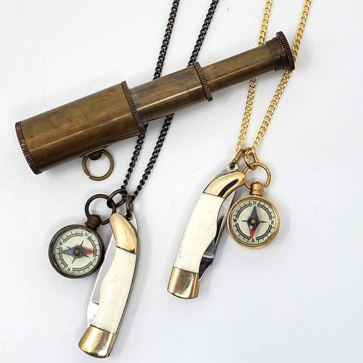Terra Tokens - Wholesale Pendant/Charm Necklace - Compass & Knife Necklace 1 1/2" Bone Knife 28" Chain3