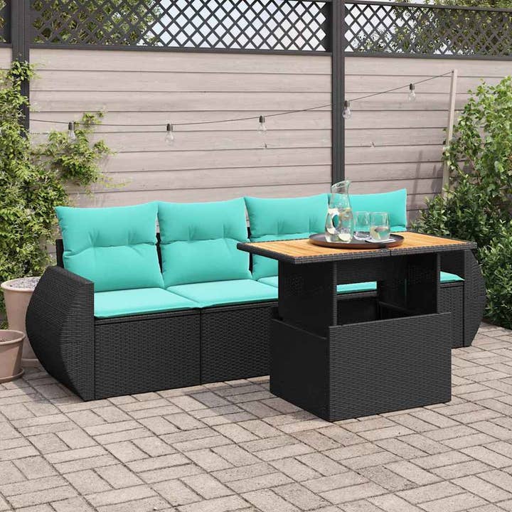 5 Piece Patio Sofa Set with Cushions Black Poly Rattan for wholesale by American Smart