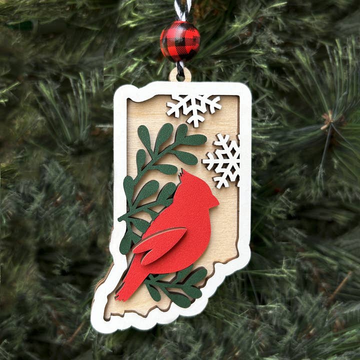 Indiana Christmas Ornament – Wooden Cardinal Ornament for wholesale by Wandering Woods Designs
