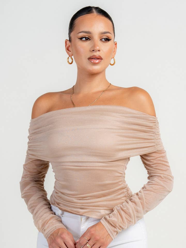 HT4116S_LONG SLEEVE THE SHOULDER RUCHED MESH TOP for wholesale by PRIVY