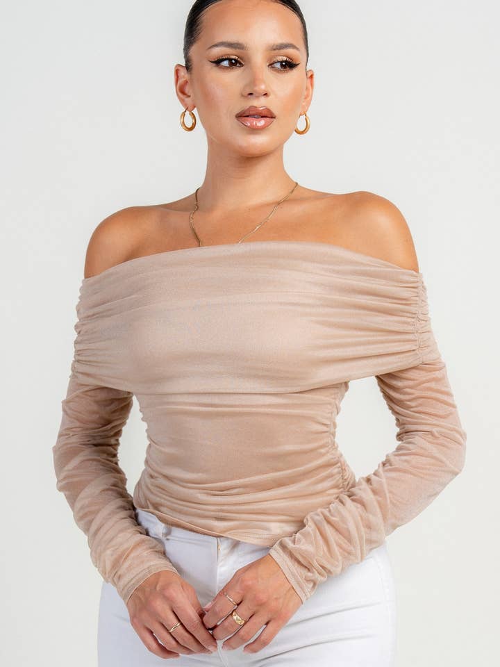 HT4116S_LONG SLEEVE THE SHOULDER RUCHED MESH TOP for wholesale by PRIVY
