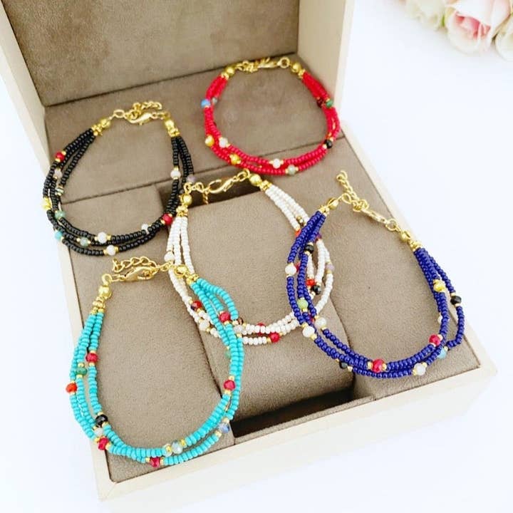 Bracelet en perles de rocaille, perles bleues blanches rouges, bracelet Miyuki, bracelet délicat, pour la vente par Evileyefavor