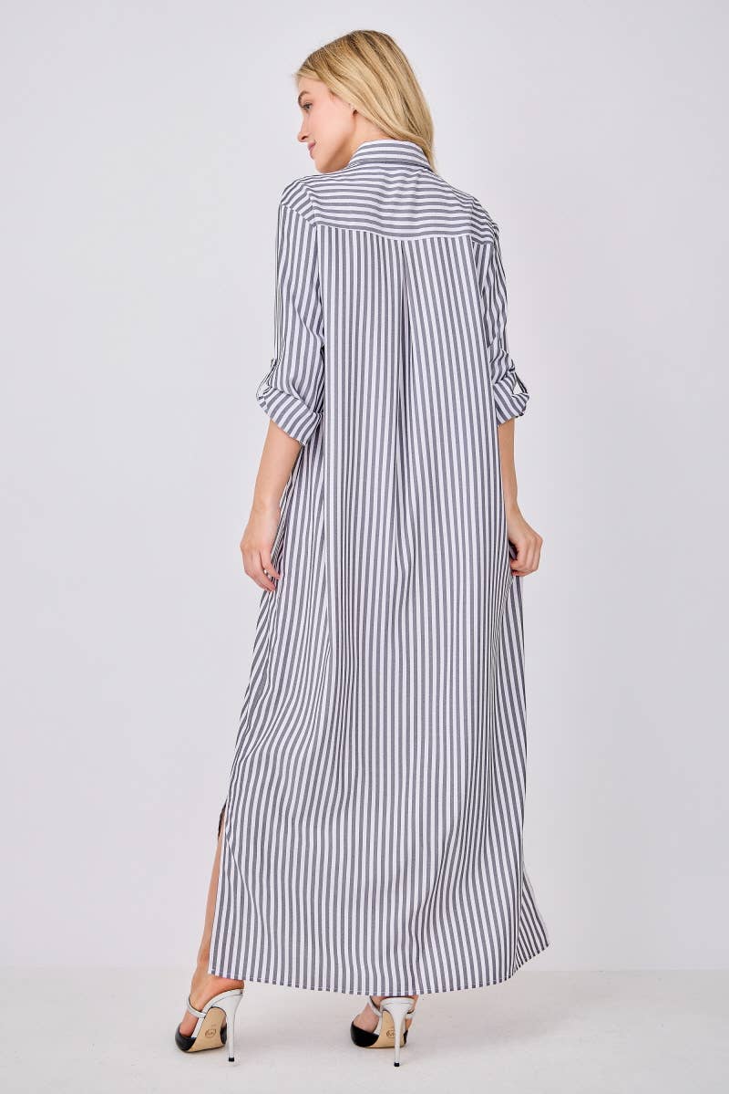 Peace Love Line – wholesale Dress – Women's – SLI3048 - STRIPED BUTTON DOWN SHIRT MAXI DRESS9