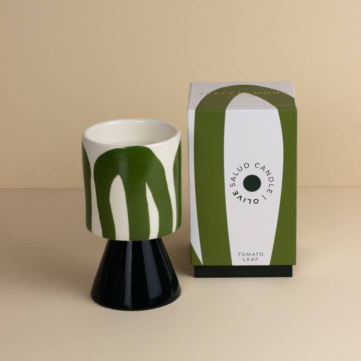 Four à poterie : Bougie à glaçure dégoulinante Olive - Charbon actif & Matcha pour la vente par Zesty Lemons