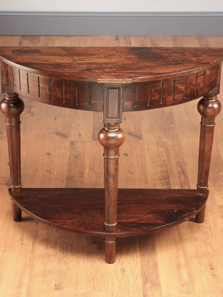 Half Round Console with Shelf, Pecan Finish for wholesale by AA Importing