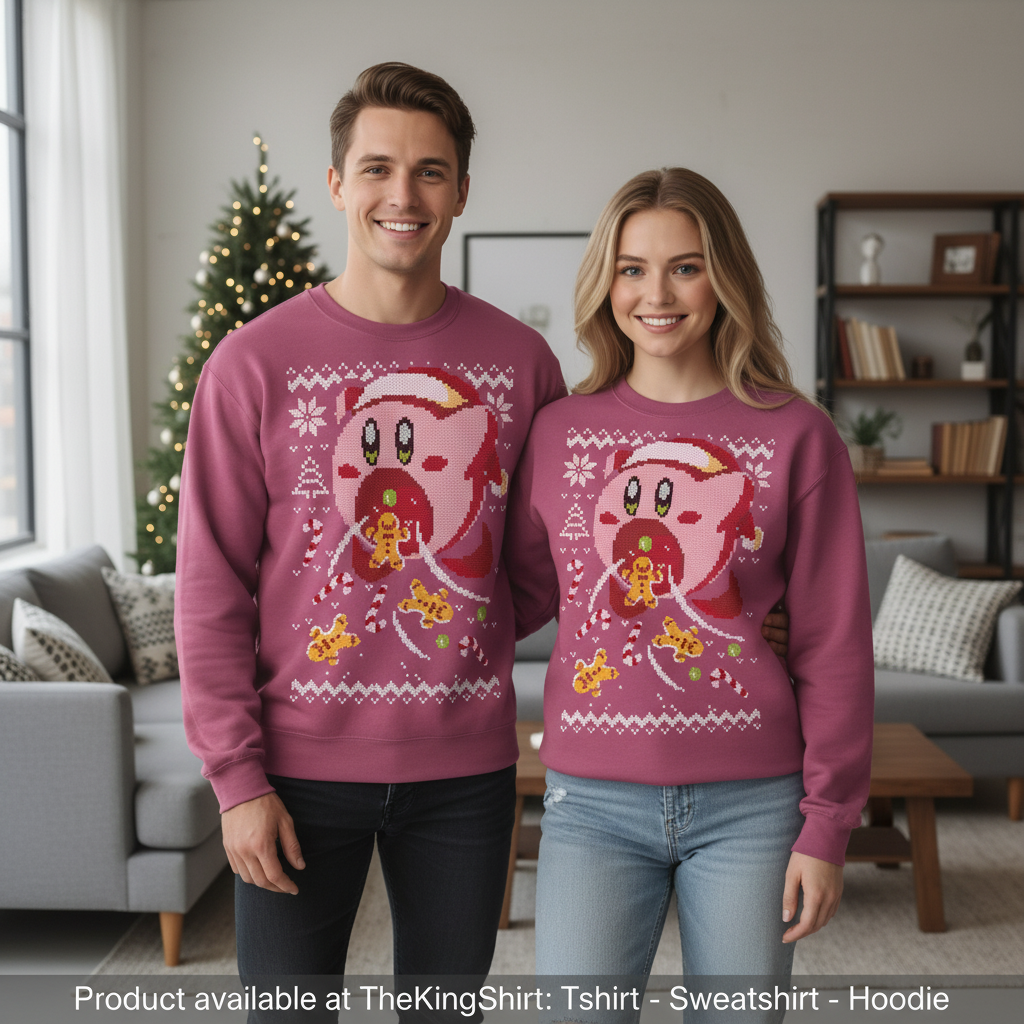 TheKingShirt - Wholesale Graphic Sweatshirt - Women's - Kirby Ugly Christmas Sweater - Kawaii Pink Gift0