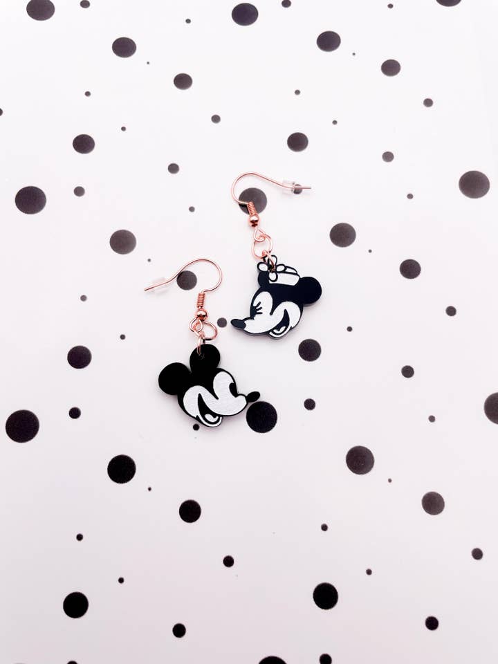 Mickey & Minnie Mouse Black Acrylic Dangle Hook Earrings for wholesale by Sapphire Frills Ltd