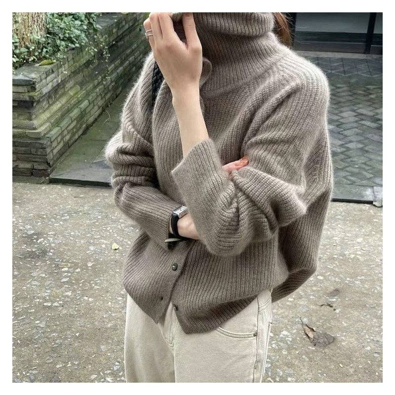 Sheer Trend – wholesale Cardigan – Women’s – Solid Color Ribbed Button Front Loose Cardigan1