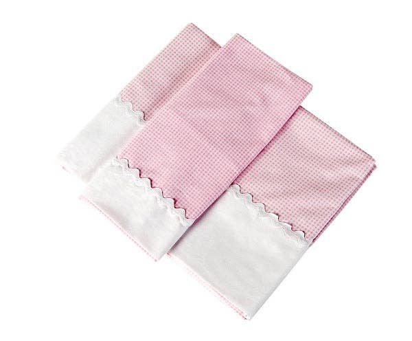 Sandra Adrubau - Wholesale Cot/Crib Sheets - Baby crib sheet set 70 cm (2 pcs.) in pink gingham design and white lace, made of premium quality cotton.0