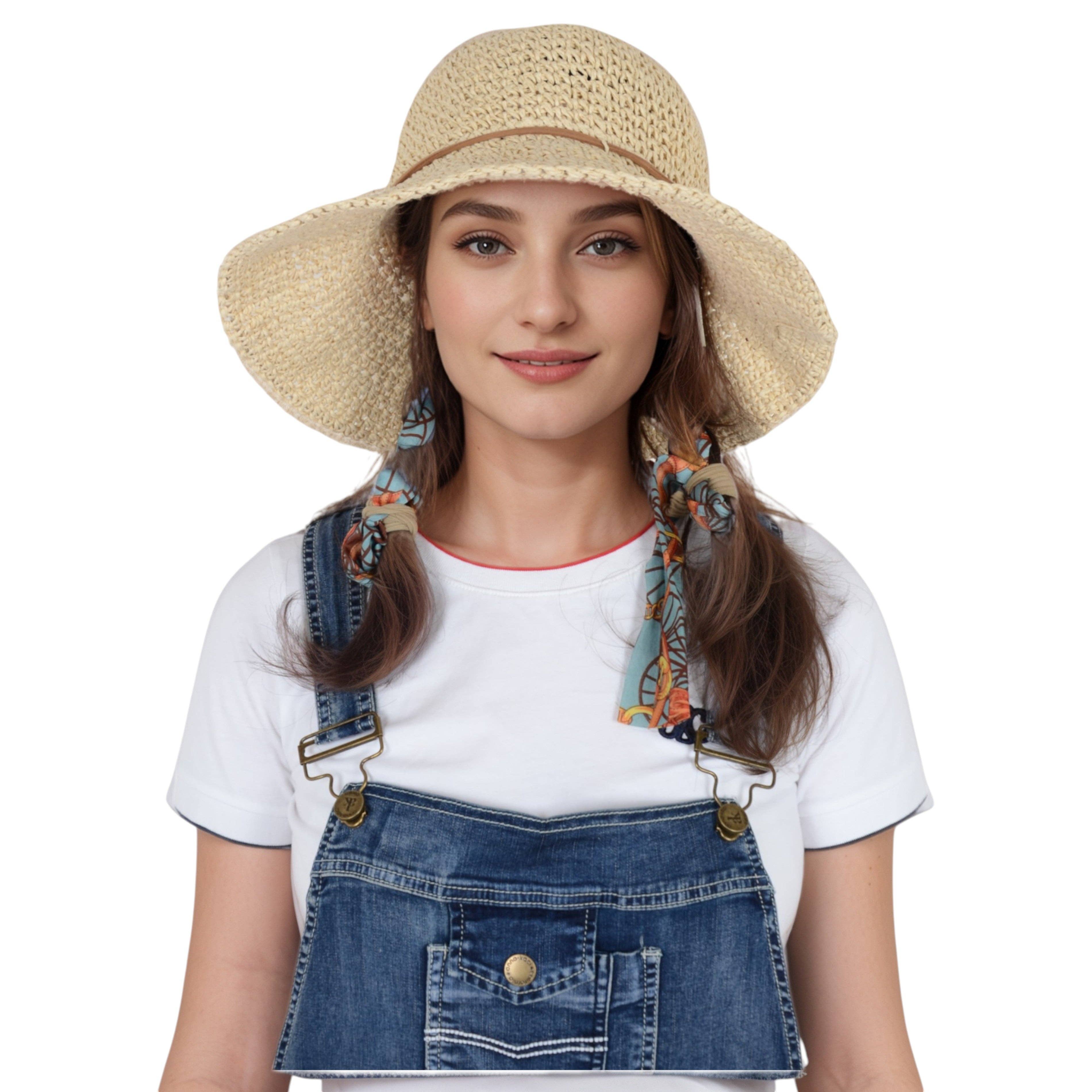 AK Brand - Wholesale Straw Hat - Women's - Woven Floppy Sun Hat with Rounded Crown and Decorative Bow D11