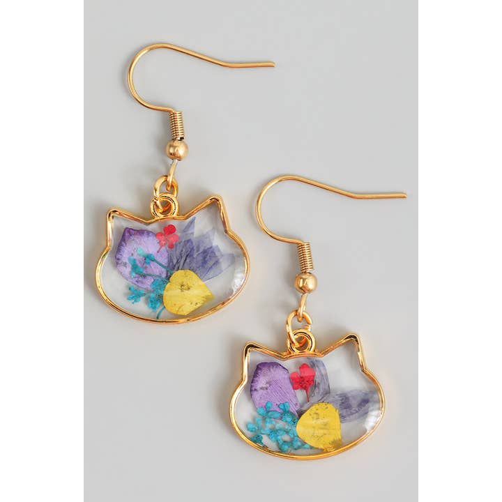 Girly - Wholesale Dangle Earrings - PRESSED FLOWER CAT DROP EARRINGS