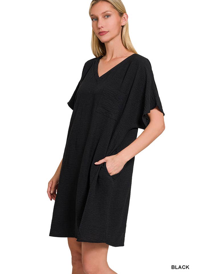42POPS - Wholesale Dress - Women's - SI-26408 Woven Airflow V Neck T Shirt Dress With Pockets